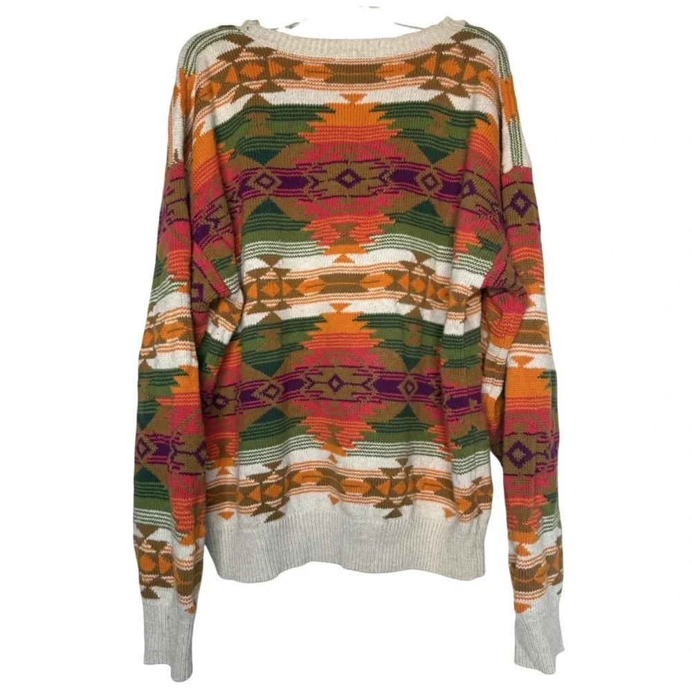 90s Vintage Nautica Aztec Southwestern‎ Sweater Medium Cotton Knit Cabin Core
